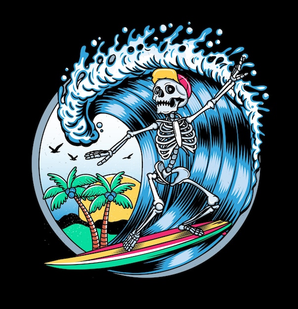 Emblema Vintage Con Skeleton Surfer.
