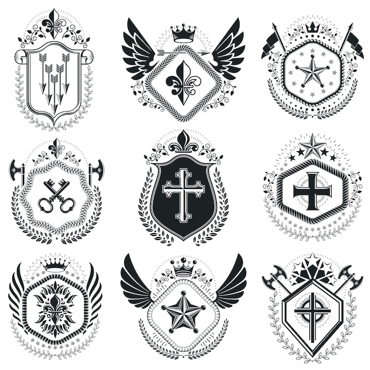 Vettore emblemi araldici illustrazioni vettoriali isolate. collezione di simboli in stile vintage.