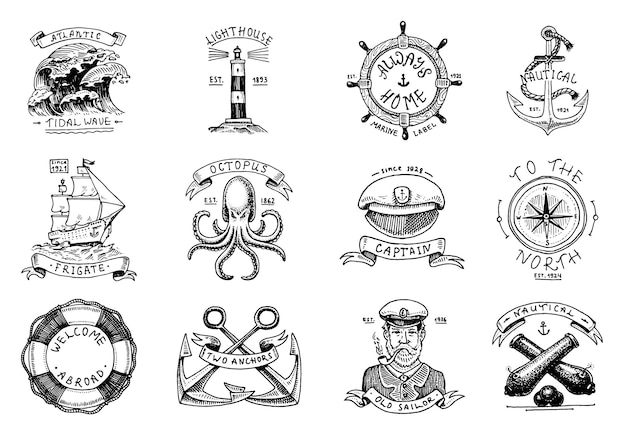 Emblemi marini e nautici Set di vecchie etichette o distintivi di oceano marino incisi disegnati a mano vintage Anello salvagente Capitano palla di cannone con pipa Benvenuto a bordo di due marinai di ancore