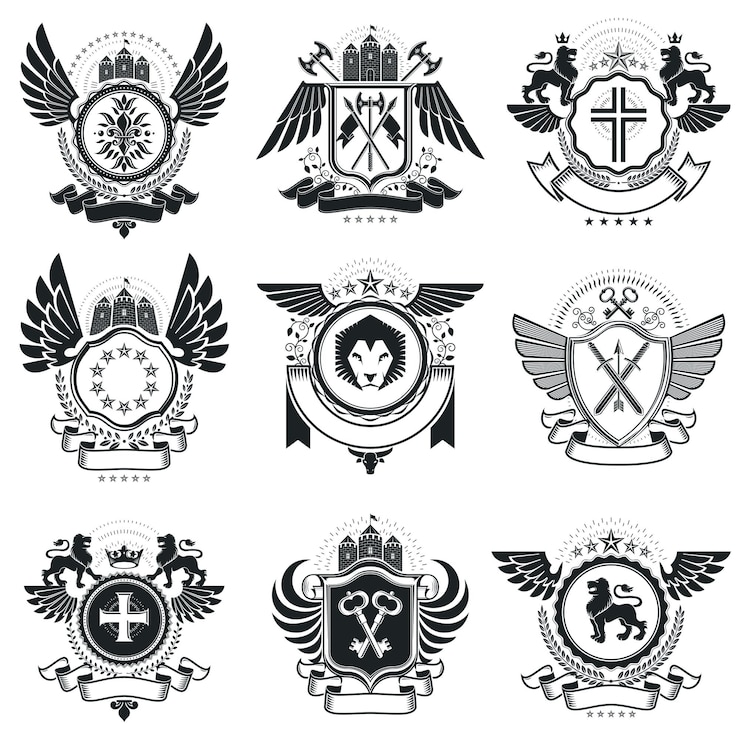Vettore emblemi vintage, disegni araldici vettoriali. collezione di stemmi, set vettoriale.
