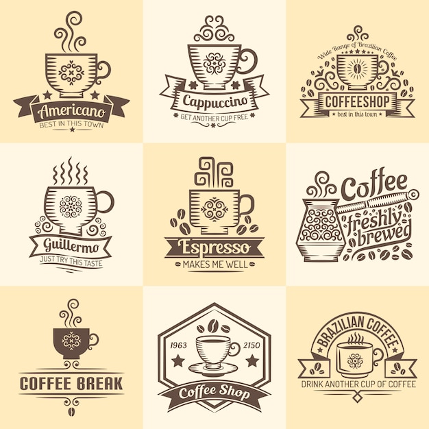 Emblemi vintage per caffè. Loghi con una tazza di caffè in stile retrò.
