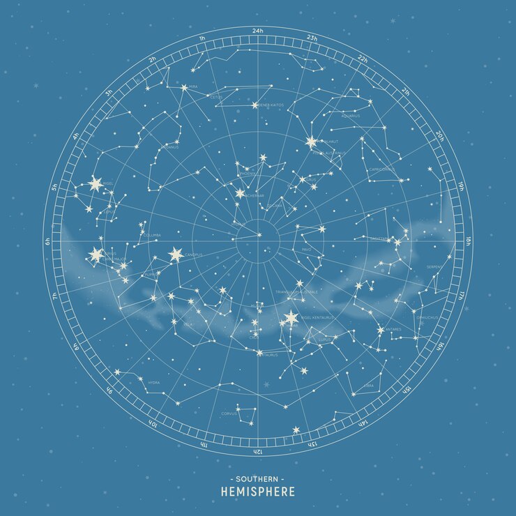 Emisfero sud. Mappa stellare delle costellazioni.