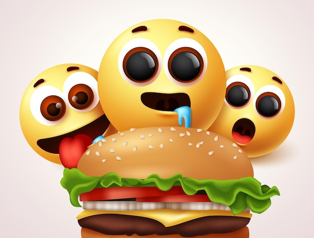 Emoji affamati di disegno vettoriale di personaggi di hamburger Emoji di espressioni facciali affamate e affamate