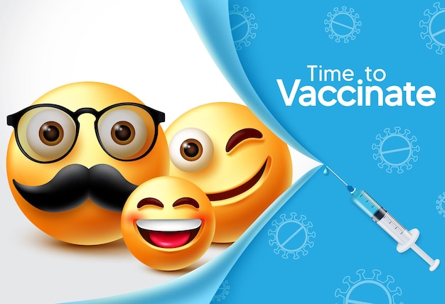 Emoji caratteri design banner vettore vaccino È ora di vaccinare il testo con gli emoji 3d della famiglia