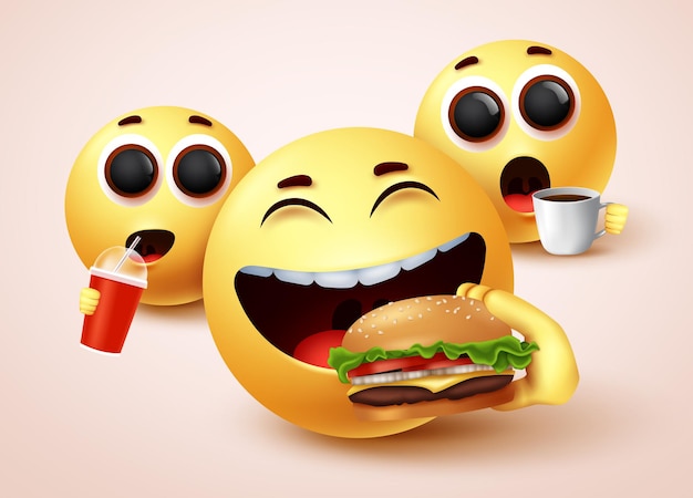 Emoji che mangia fast food hamburger disegno di carattere vettoriale Emoticon con espressioni facciali felici