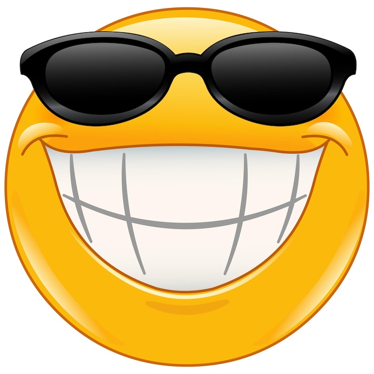 Vettore emoji con un grande sorriso dentato e occhiali da sole neri