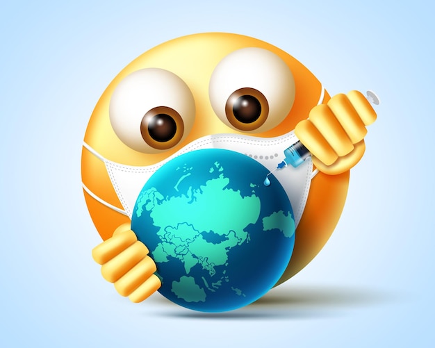 Emoji covid19 disegno vettoriale vaccino Emoji personaggio 3d che vaccina il mondo con la siringa