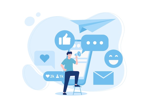 Emoji di media sociali con la persona che tiene l'illustrazione piana di concetto del telefono e del cellulare