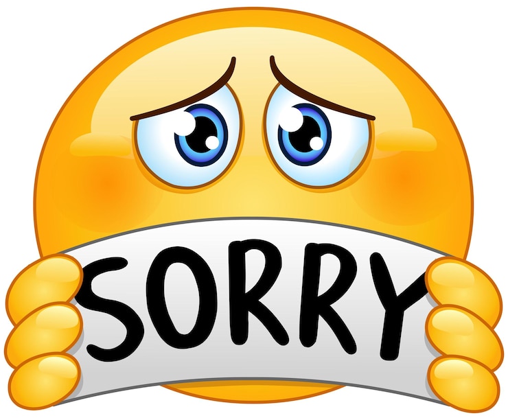Vettore emoji triste e scusante emoticon che tiene un cartello con il testo scusate