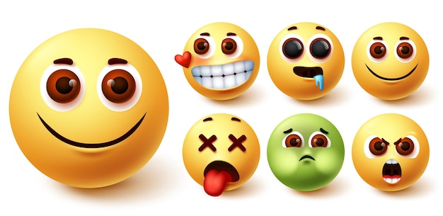 Emoji vector set Emojis carino viso giallo in felice in amore affamato stanco arrabbiato e vomita umore