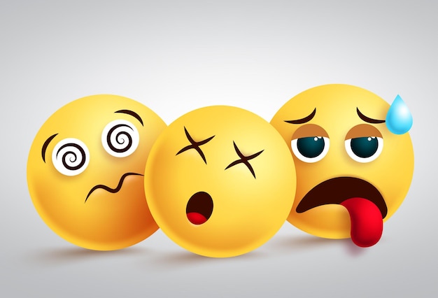 Emojis stanco e deluso disegno vettoriale Emoji o emoticon personaggio del gruppo in vertigini stanco