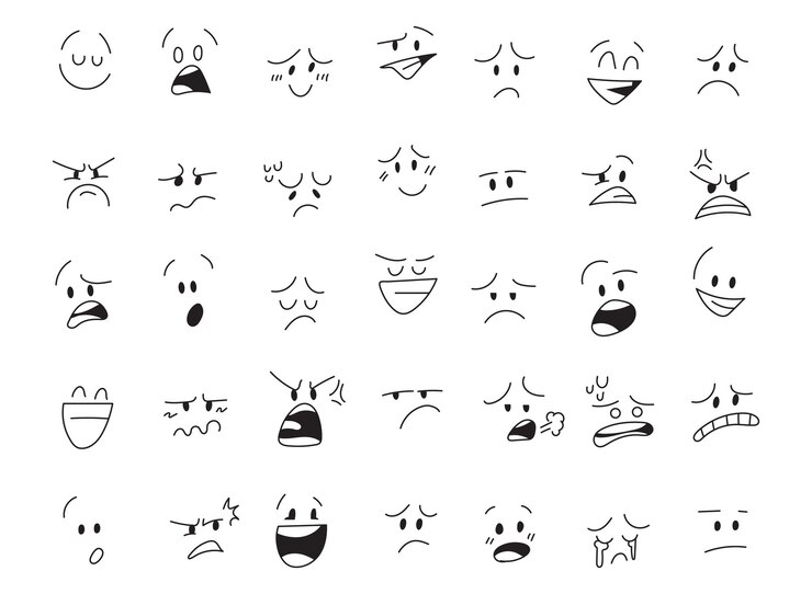 Vettore emoticon di doodle, emojis di faccia disegnati a mano, vettore