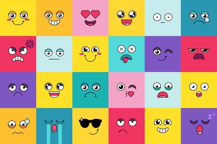 Vettore emoticon, set di adesivi emoji carini. simpatico cartone animato, pacchetto di cartoni animati di social media. espressione di umore