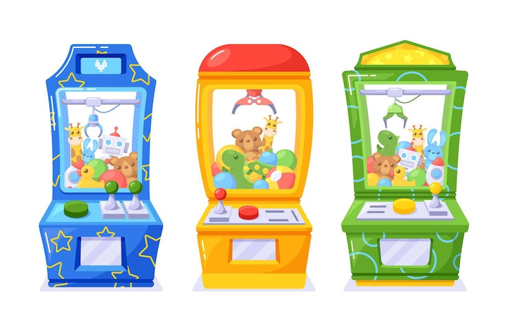 Vettore emozionante gioco arcade in cui i giocatori usano un joystick per manovrare un artiglio meccanico e tentare di accaparrarsi premi
