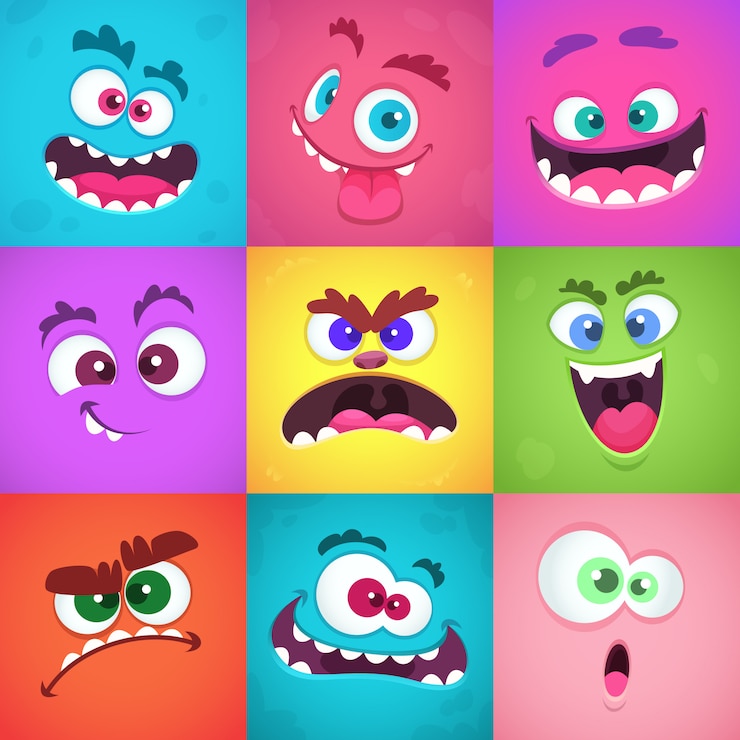 Vettore emozioni dei mostri. emoticon di mostri spaventosi con la bocca e gli occhi di alieni