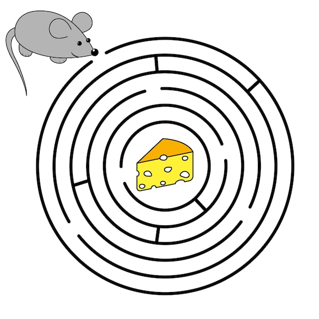 Enigma labirinto con topo e formaggio Vector Round Maze Trova la strada giusta Puzzle per bambini