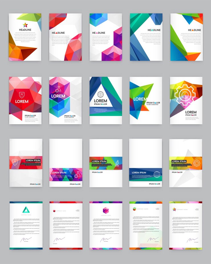 Enorme set di identità visiva con elementi logo lettera stile poligonale Carta intestata e modelli di modello di copertina brochure in stile design triangolare geometrico per affari con nomi fittizi