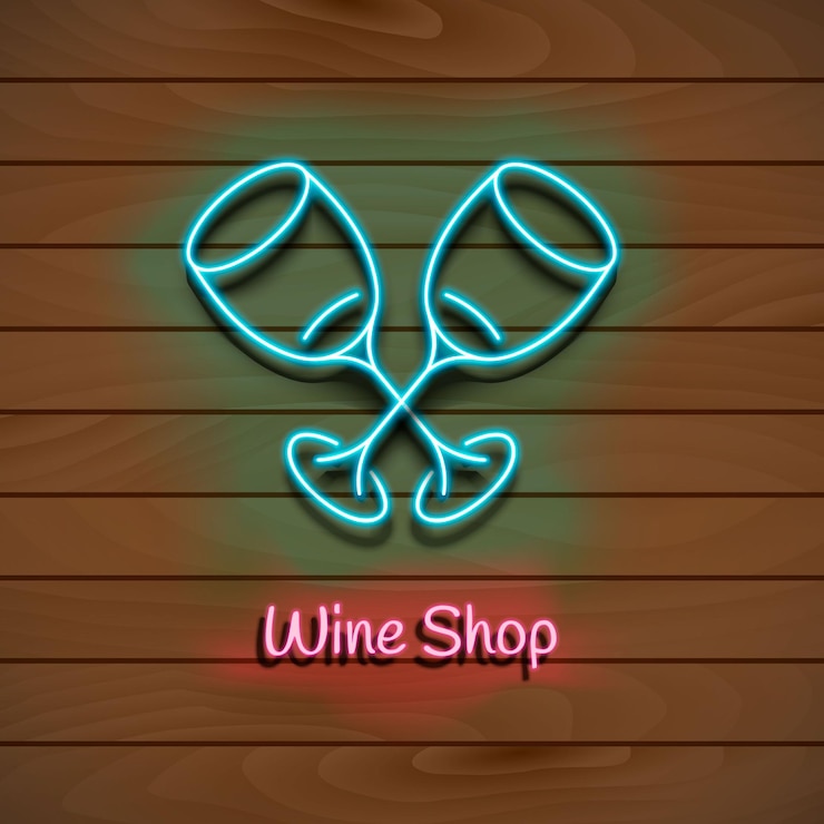 Vettore enoteca banner luminoso al neon blu su una parete in legno illustrazione vettoriale