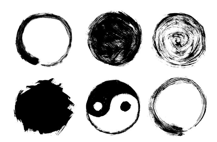 Vettore enso cerchio nero simbolo yang yin vettore grunge forma rotonda icona taoista disegnata a mano
