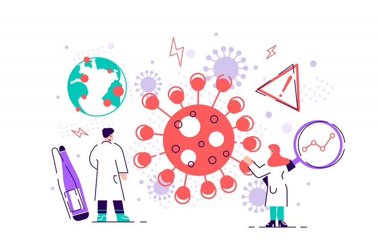 Epidemiologia. Laboratorio di diffusione del rischio per la salute. Coronavirus cinese. Covid19. SARS. Prevenzione delle condizioni sanitarie e protezione da infezione da batteri microscopici da virus. Illustrazione piatta