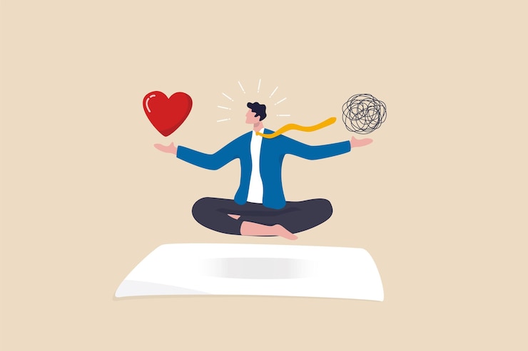 Vettore equilibrio nella gestione dello stress tra concentrazione sul lavoro e salute mentale, equilibrio tra lavoro e vita privata o meditazione e relax, uomo d'affari medita galleggiante bilanciando caos disordinato e passione lavorativa a forma di cuore.