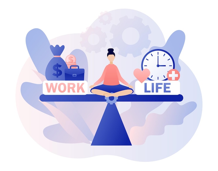 Equilibrio tra lavoro e vita Piccola donna seduta nella posizione del loto e mantenere l'armonia Scegli tra la carriera