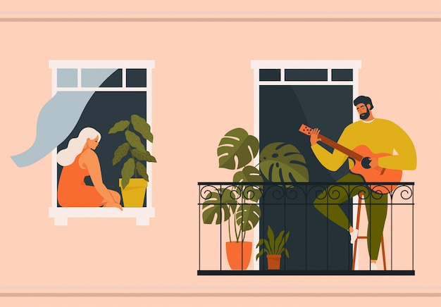 Equipaggi il gioco della chitarra sul balcone e della donna che ascoltano dalla sua finestra