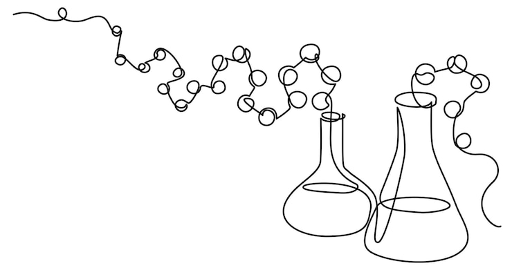 Vettore equipaggiamento di chimica retorts con molecole concetto continuo una linea di disegno doodle vettore