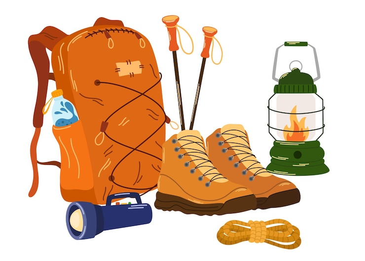 Vettore equipaggiamento per escursioni a spalla, bottiglie d'acqua, zaini da campeggio, bagagli da viaggio, accessori per turisti