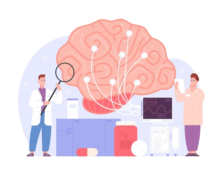 Vettore esame neurologico cerebrale neurologia medico test trattamento di emergenza salute infiammazione tumore scienziato infermiere con fili che fanno elettroencefalografia