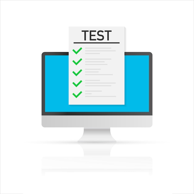 Esame online, lista di controllo e matita, test, scelta della risposta, modulo del questionario, concetto di istruzione. Illustrazione vettoriale