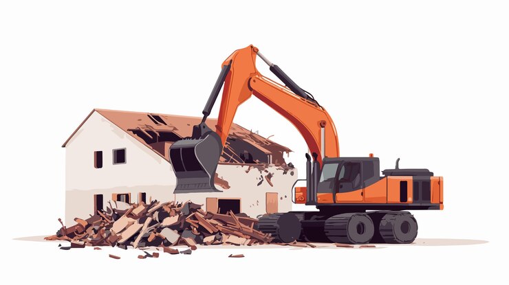 Vettore escavatore che carica i rifiuti di costruzione in un camion