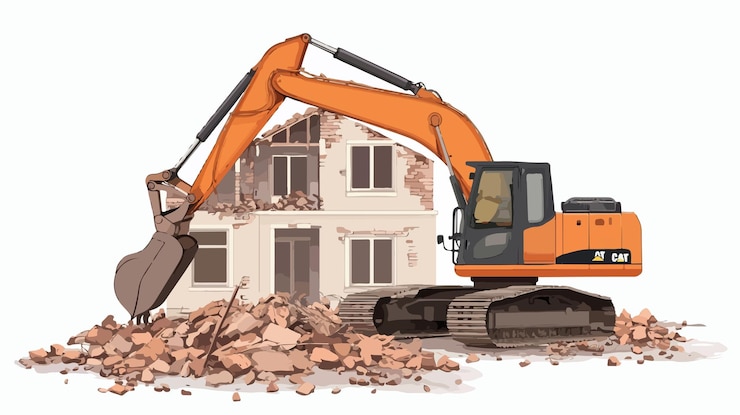 Vettore escavatore che smonta una casa sul cantiere