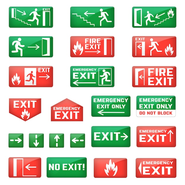 Esci dal segnale di uscita d'emergenza e dal punto di uscita d'emergenza con le frecce verdi per l'evacuazione di sicurezza ed esce nel set di illustrazione di dander isolato su spazio bianco