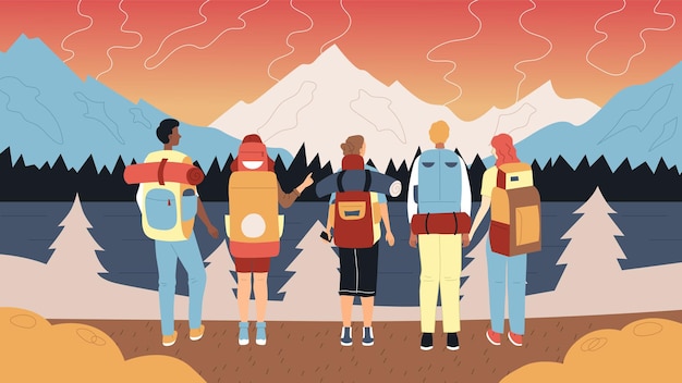 Escursionismo e concetto di campeggio. Gruppo di turisti con zaini e attrezzatura professionale da escursione. I personaggi maschili e femminili stanno in fila ammirando il paesaggio delle montagne. Illustrazione di vettore piatto del fumetto.