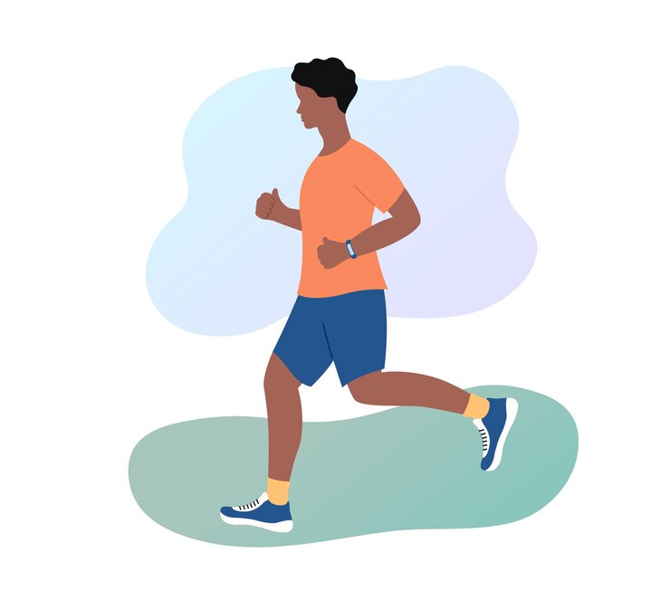 Vettore esecuzione di uomo afroamericano all'aperto giovane uomo atletico che fa jogging in abbigliamento sportivo con braccialetto fitness stile di vita sano e concetto di sport corsa mattutina nel parco illustrazione vettoriale piatta