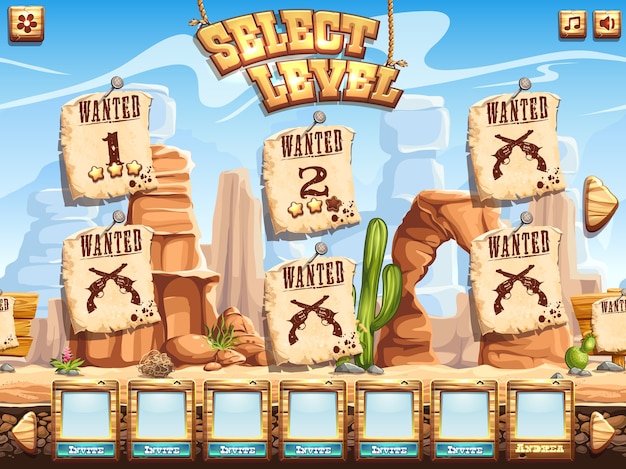 Esempio di schermata di selezione del livello per il gioco per computer Wild West