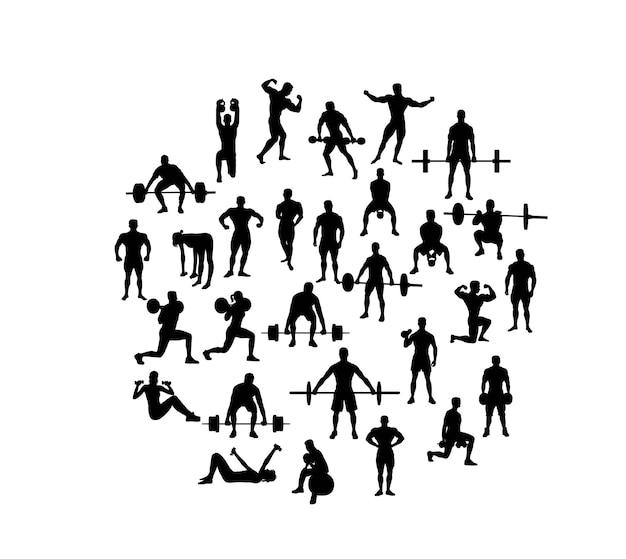 Esercizio palestra e attività fitness Silhouettes disegno vettoriale d'arte