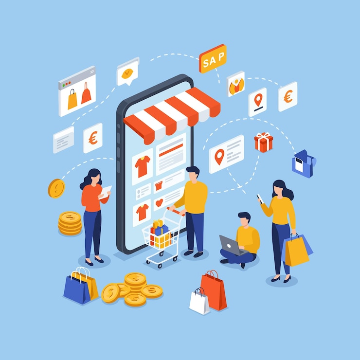 Vettore esperienza di commercio elettronico con app di acquisto mobile retail online