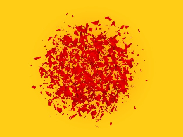 Esplosione astratta nuvola di pezzi rossi su sfondo giallo arancio brillante. Distruzione esplosiva. Particelle di plastica rotta. Illustrazione vettoriale espressiva per banner web o poster di vendita.