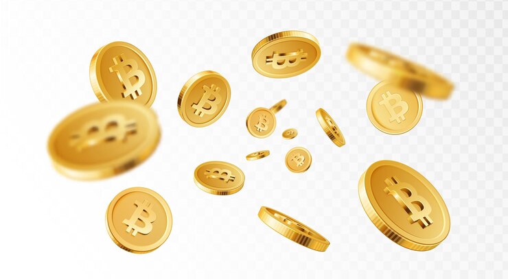 Vettore esplosione di bitcoin pagamenti elettronici di criptovaluta e blockchain monete d'oro 3d esplosione bitcoins splash concetto isolato vettoriale