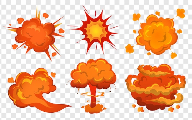 Esplosione di bombe e set di cartoni animati di esplosioni di bombe con scoppio di fuoco