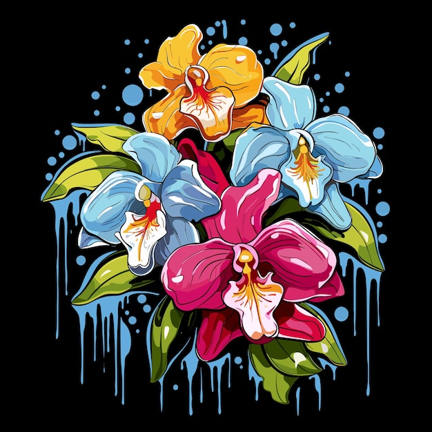 Esplosione di fiori Immagine astratta di fiori tropicali multicolori luminosi in stile pop art vettoriale isolato su nero Elemento di design per adesivo poster tshirt ecc