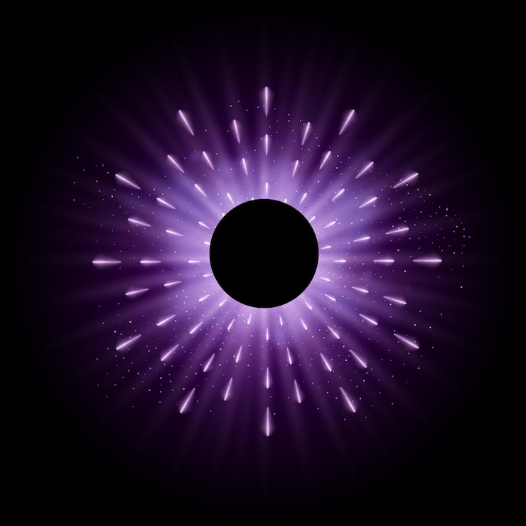 Vettore esplosione viola con raggi scintillanti ed effetto riflesso lente stelle incandescenti