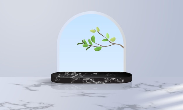Espositore da podio in marmo nero per esposizione prodotti decorato con foglia