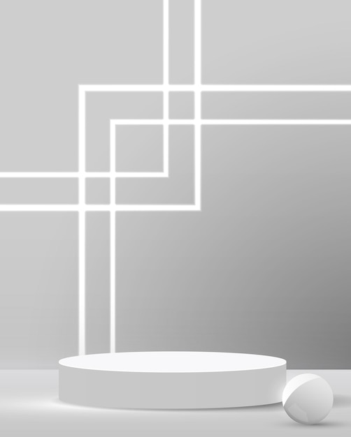 Espositore da podio minimal e premium con sfondo grigio chiaro cosmetico.