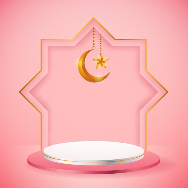 Esposizione del prodotto 3d, islamico a tema podio rosa e bianco con falce di luna e stella per il ramadan
