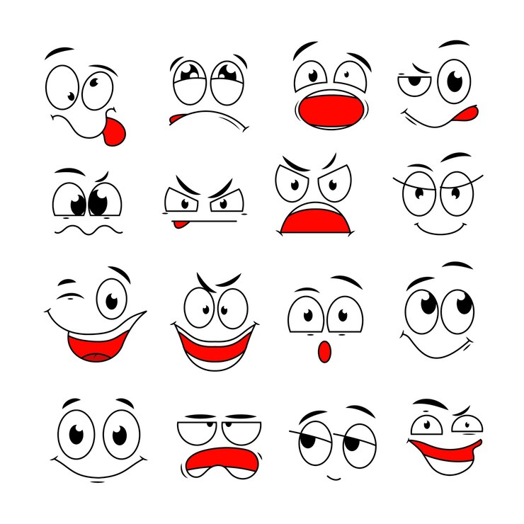 Vettore espressione del viso del fumetto. occhi e bocche comici divertenti con emozioni di sorpresa, felici, tristi e arrabbiate. set di caratteri di doodle. illustrazione sorriso felice ed emozione triste arrabbiata