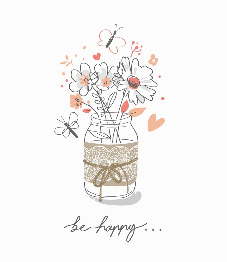 Vettore essere felice slogan di calligrafia con fiori colorati disegnati a mano in vaso di vetro illustrazione vettoriale