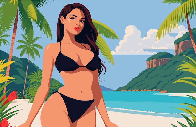 estate banner donna in bikini illustrazione vettoriale sfondo tropicale